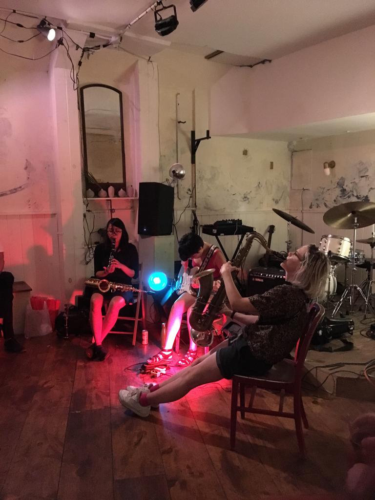 Angela Morris improvising with Karen Ng and Jessica Ackerley in Brooklyn Aug 2018 photo by